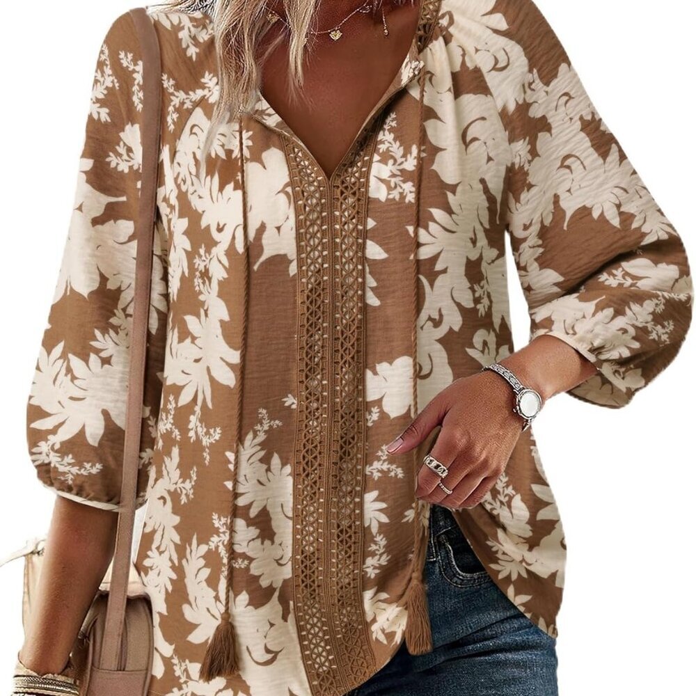 Women's 3/4 Sleeve Boho Tops Casual V Neck Floral Print Loose Fit Blouses Tunic